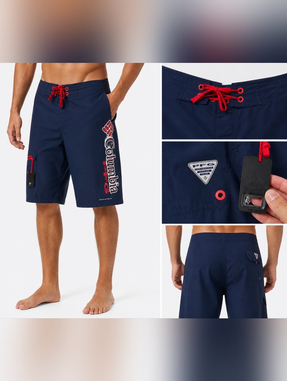 Columbia PFG Board Shorts Mens 34 Navy Omni-Shield Fishing Swim Trunks Bottle.